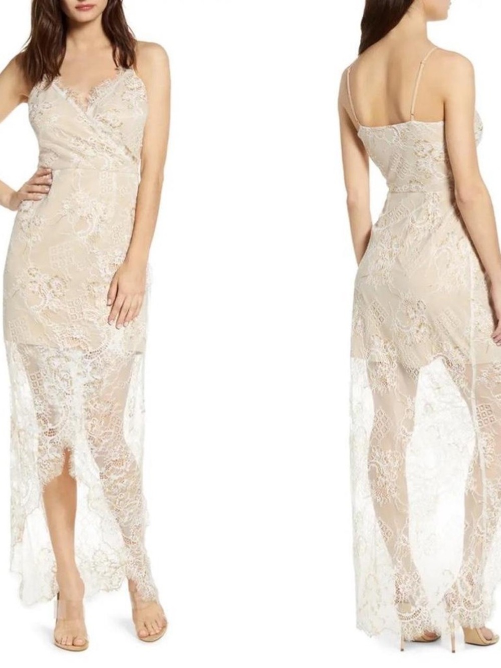 Wayf Beige Lace High-Low Slip Dress